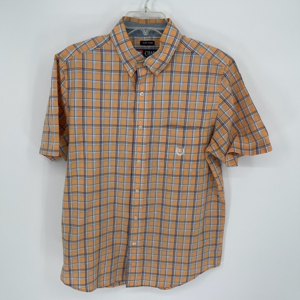 Chaps Men's Orange Plaid Easy Care Button Down Shirt Size M